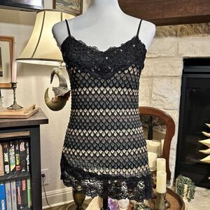 Vintage ing Y2K Black Brown Sheer Lace Trim Crochet style Tank Top Med Boho